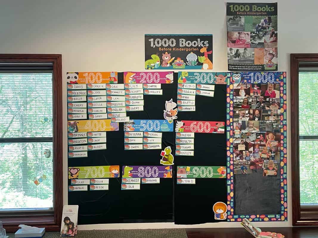 1000 books before kindergarten area in library children's names under how many books they read