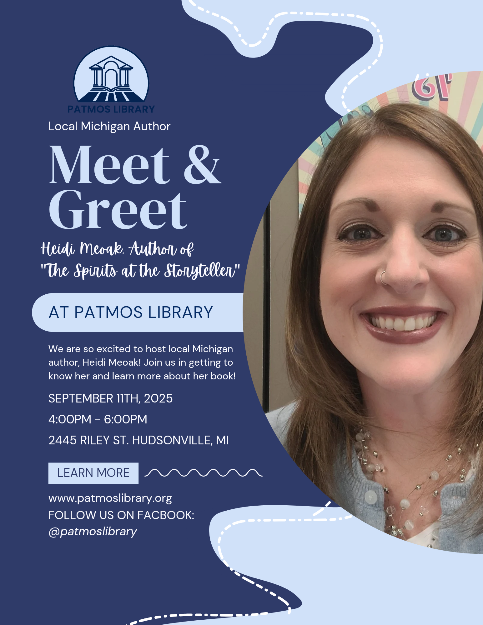 Flyer for September Meet & Greet with local author Heidi Meoak. September 11th, 4pm - 6pm at Patmos Library.