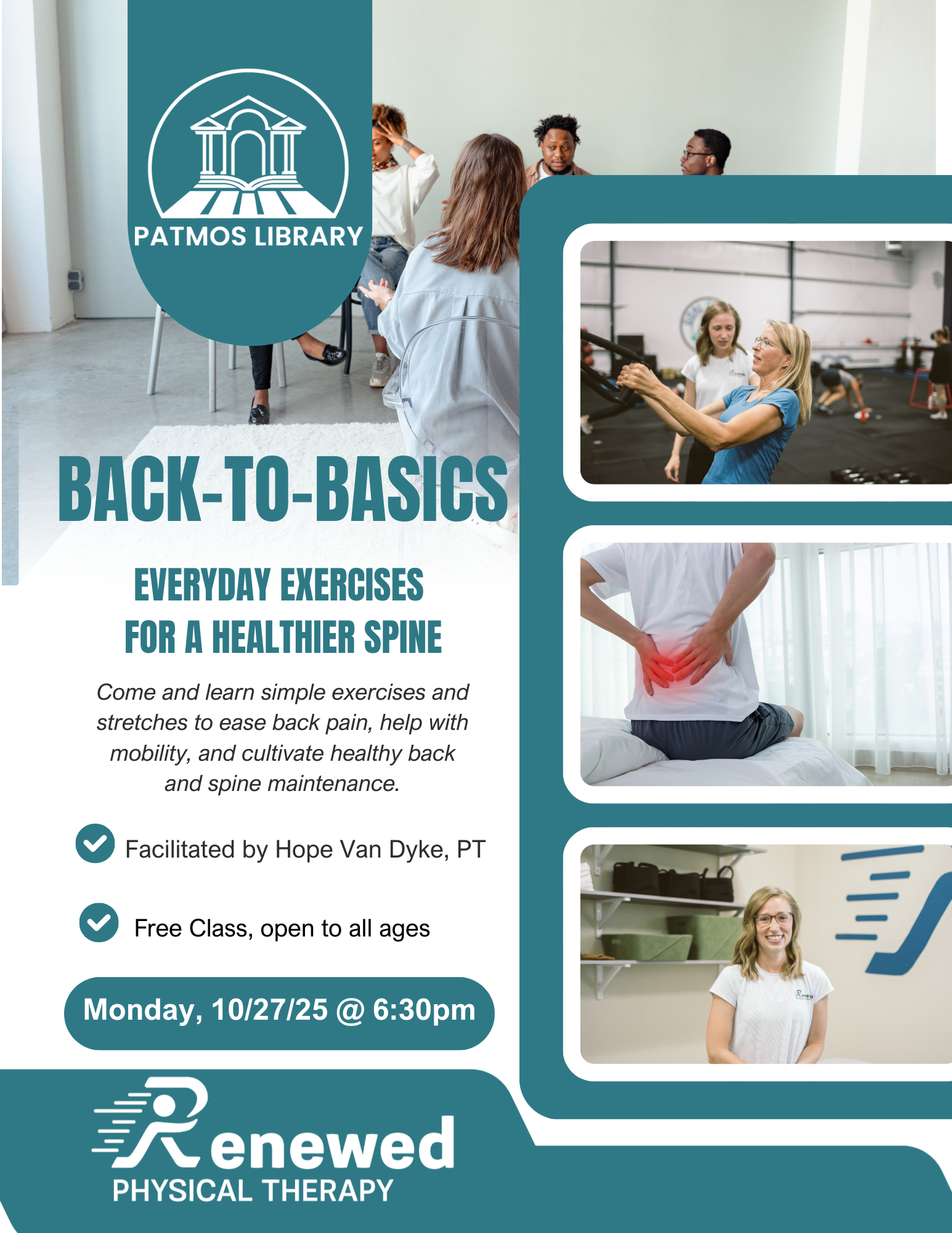 Back to Basics physical therapy class flyer. Class is being held on 10/27/25 @ 6:30pm