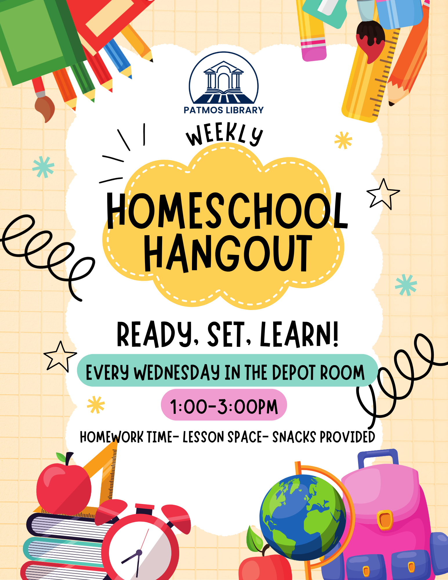 Homeschool Hangout - Every Wednesday in the Depot Room. 1pm - 3pm. Snacks provided.