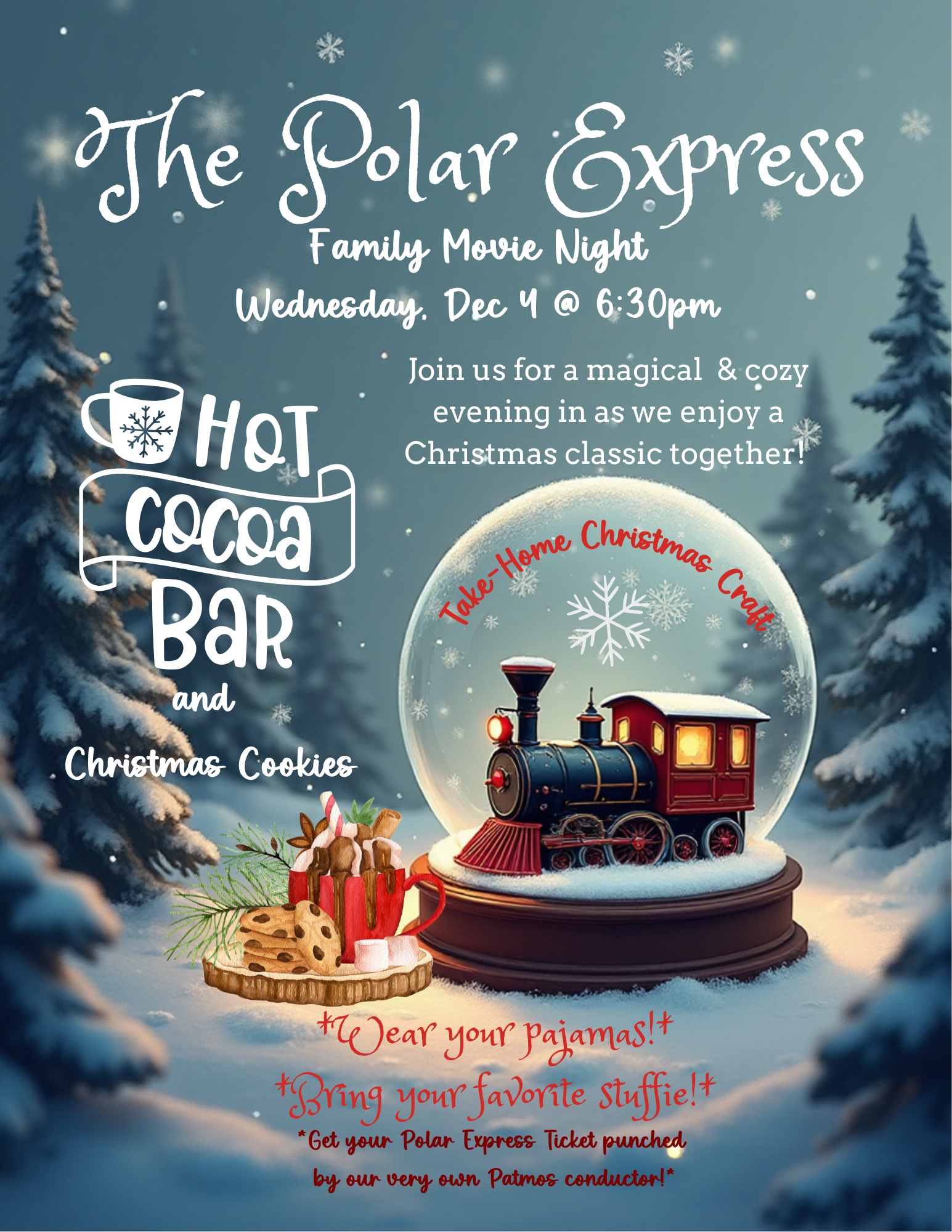 The Polar Express Family Movie Night @ The Patmos Library. December 4th @ 6:30 pm in the Depot Room. Hot Cocoa Bar & Christmas Cookies provided.