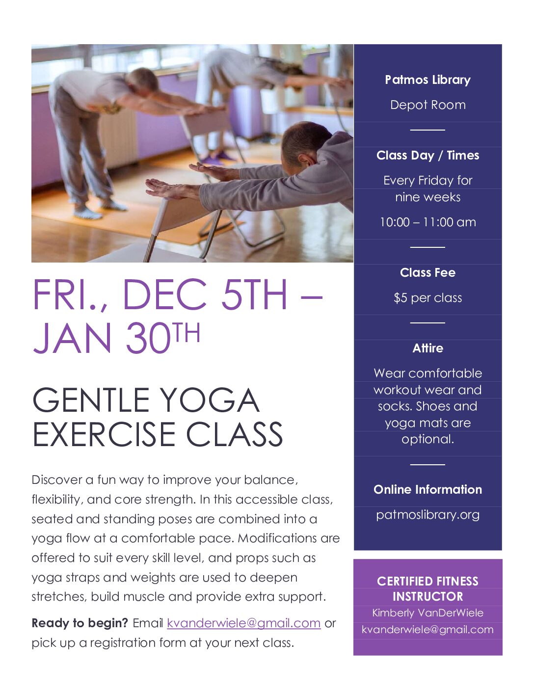 Patmos Library| image: Gentle Yoga Flyer Dec- Jan 2026 – Patmos Library