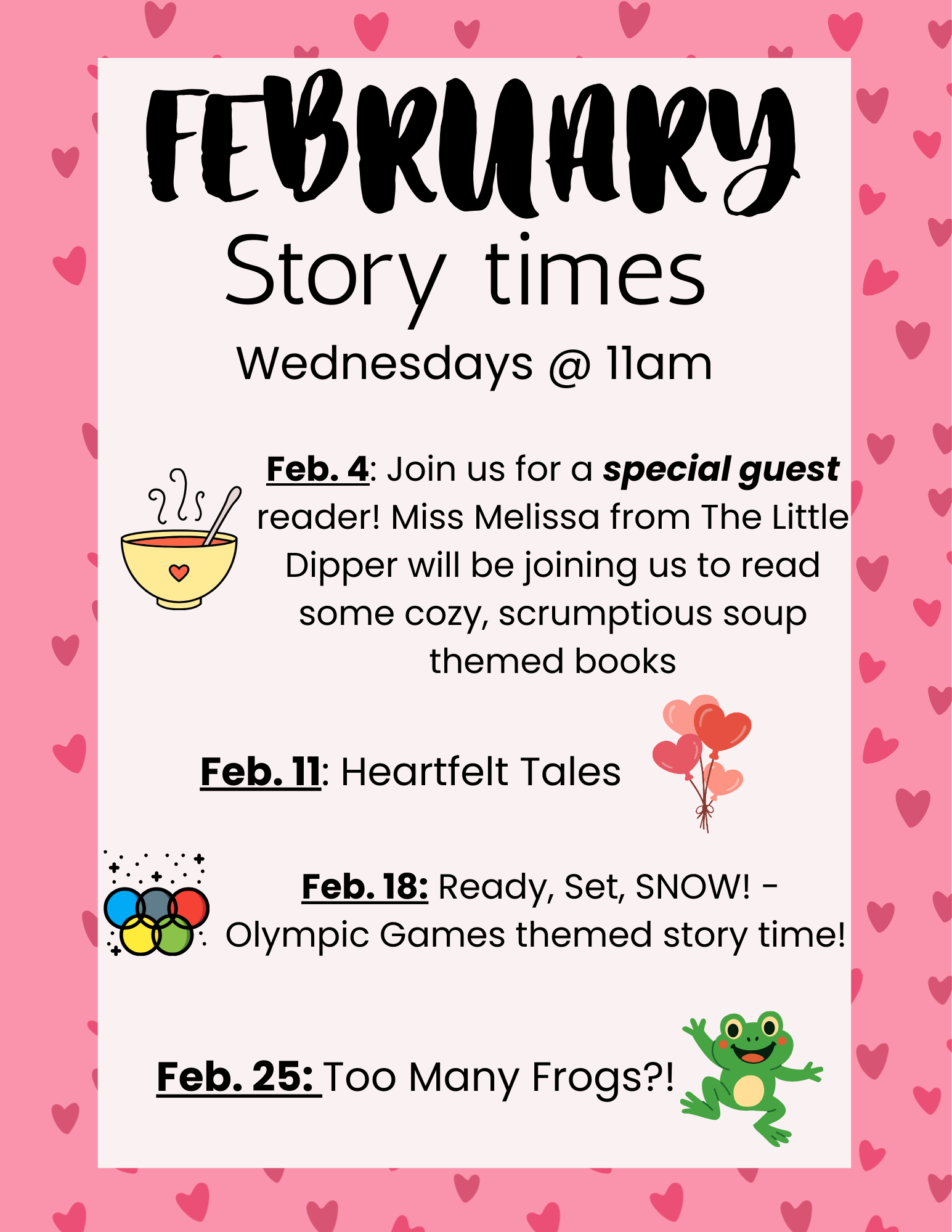 Join us for childrens story times! Every wednesday at 11am with Miss Paige!