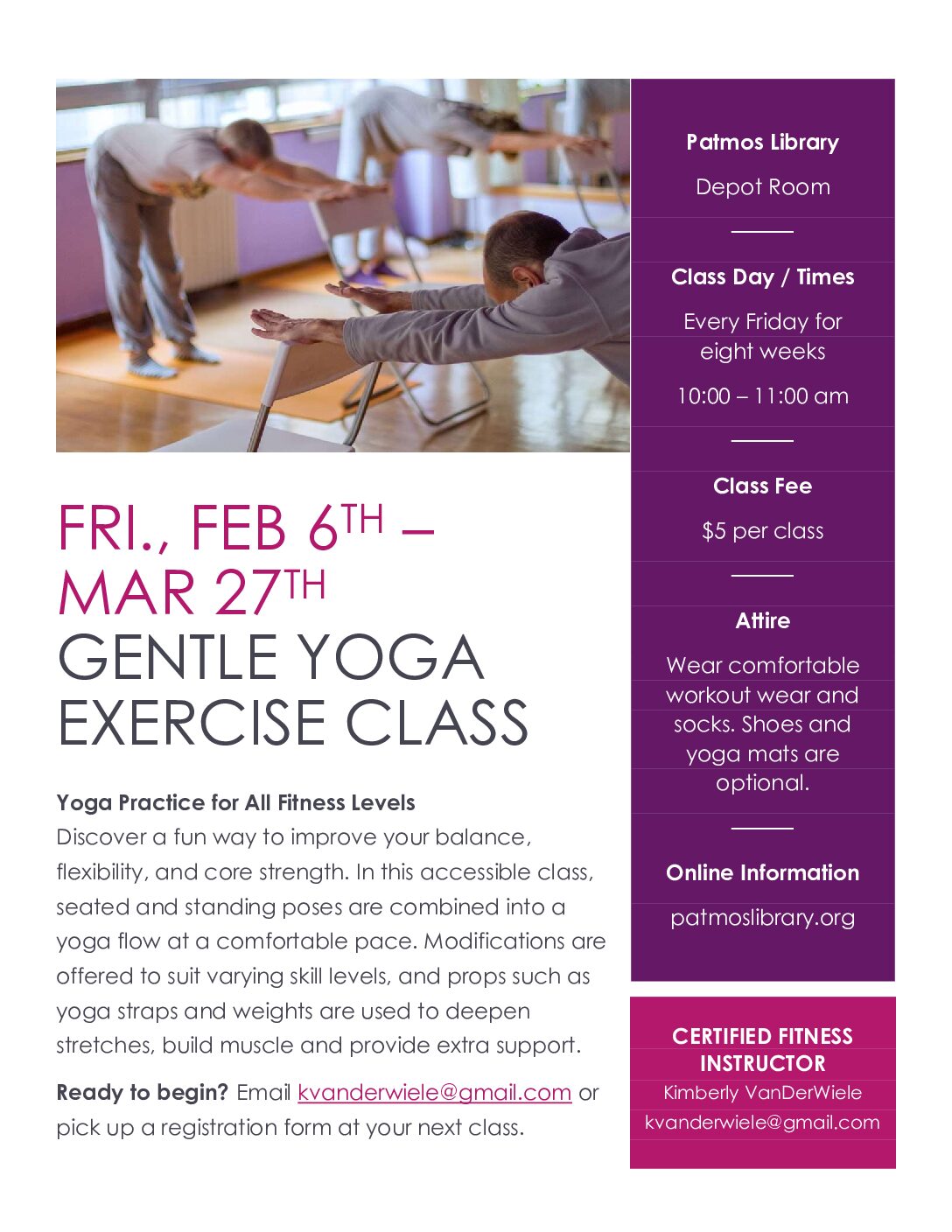 Patmos Library| image: Gentle Yoga Flyer Feb-March 2026 (1)