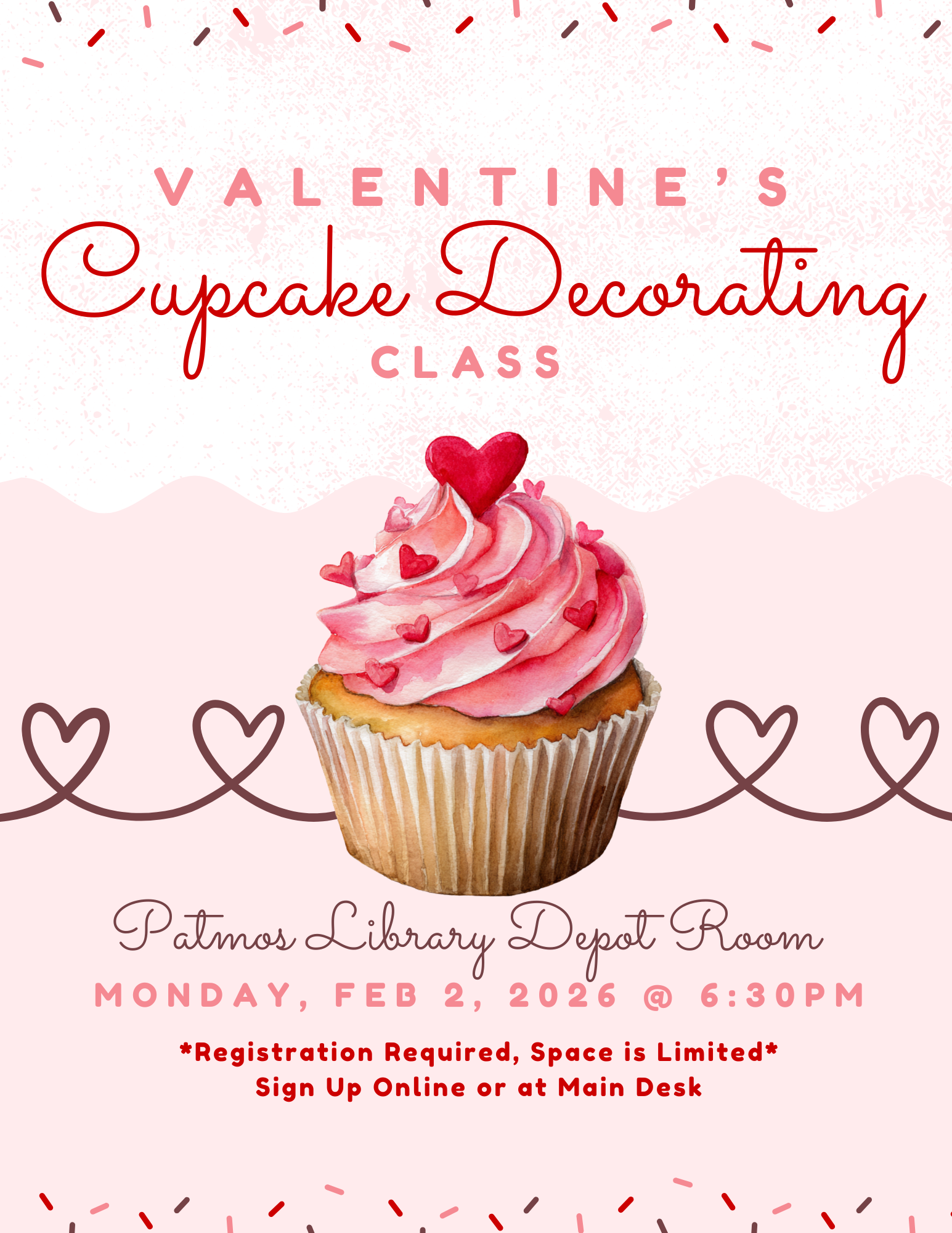 Valentine's Cupcake Decorating Class. February 2nd at 6:30 pm. Sign up online on Eventbrite.