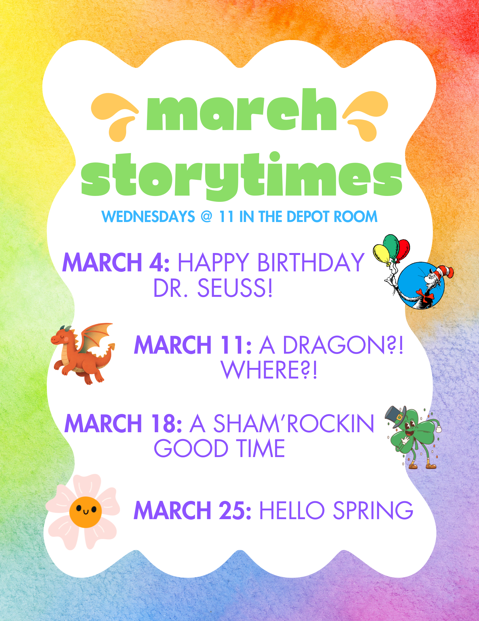 Join us for Story Time at the Patmos Library every Wednesday from 11am to 11:45am! Miss Paige is so excited to read to you all about Dr. Seuss, dragons, St. Patricks Day, and spring!