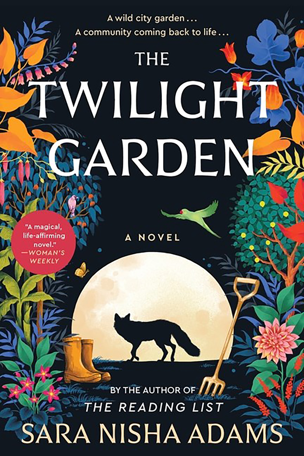 Book Cover for the book 'The Twilight Garden' by Sara Nisha Adams. The cover features a colorful garden with a black cat in the center.