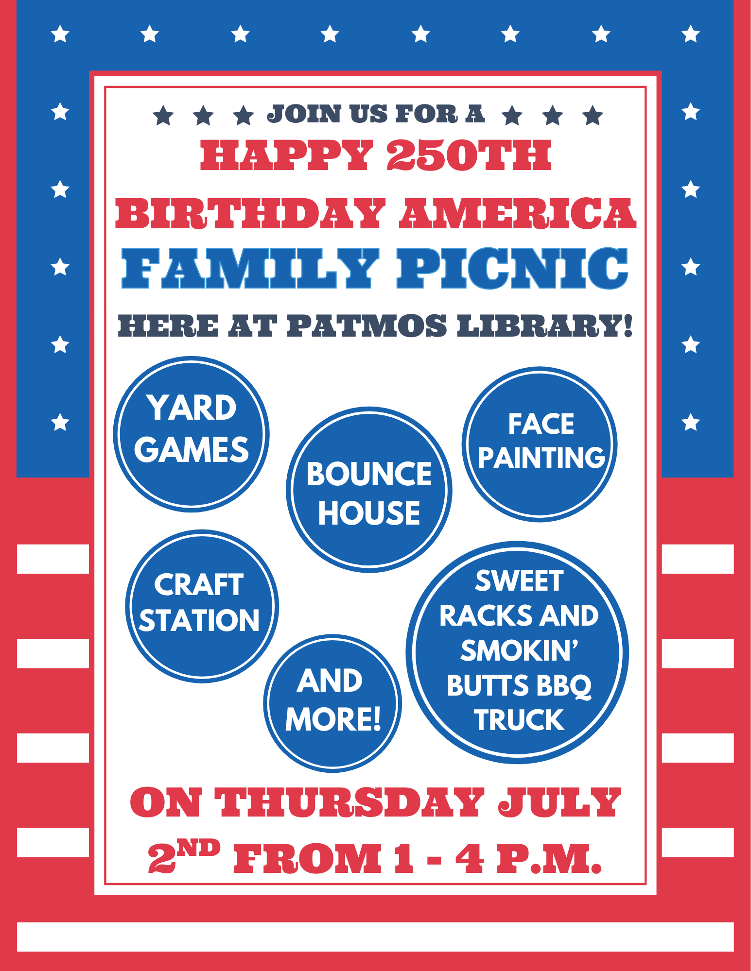 Patriotic red, white, and blue flyer for a Patmos Library event. The flyer reads: “Join Us for a Happy 250th Birthday America Family Picnic Here at Patmos Library!” Activities listed include yard games, a bounce house, face painting, a craft station, and more. Food will be available from the Sweet Racks and Smokin’ Butts BBQ truck. The event takes place on Thursday, July 2, from 1:00 p.m. to 4:00 p.m. The flyer features stars and decorative patriotic borders.