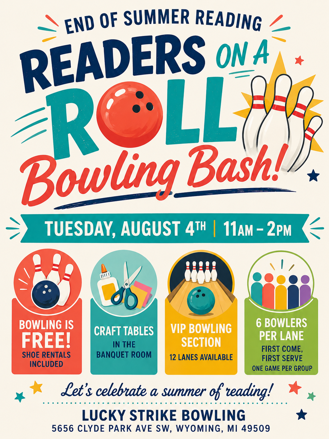 Colorful Patmos Library flyer promoting the Readers On A Roll Bowling Bash. The flyer features bowling pins, a bowling ball, and bright summer colors. It announces the event on Tuesday, August 4, from 11:00 AM–2:00 PM at Lucky Strike Bowling, 5656 Clyde Park Ave SW, Wyoming, MI 49509. The flyer highlights free bowling with shoe rentals included, a VIP bowling section with 12 lanes, craft tables in the banquet room, and bowling available on a first-come, first-served basis with up to six bowlers per lane and one game per group.