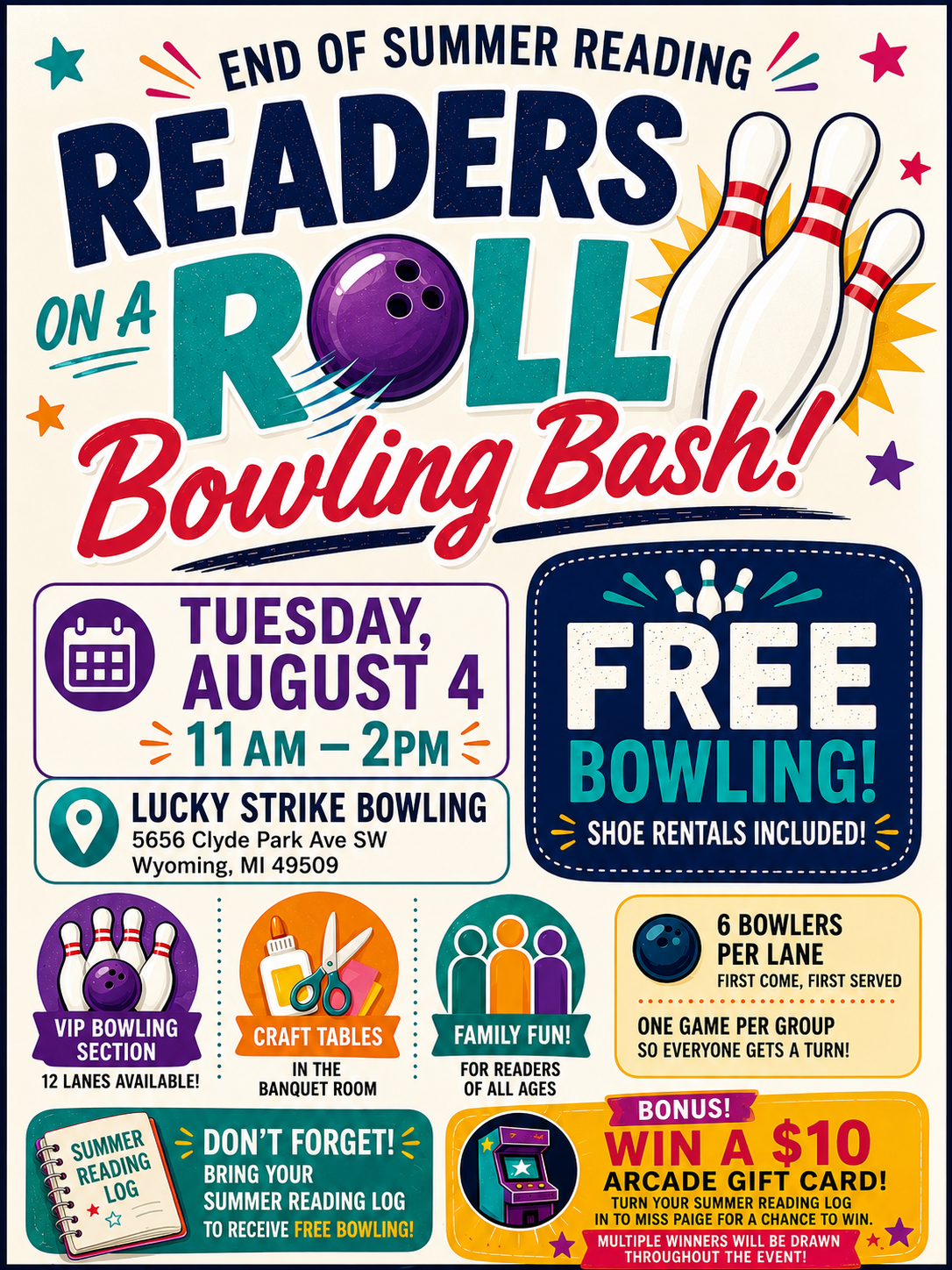 Colorful Patmos Library flyer promoting the Readers On A Roll Bowling Bash, an End of Summer Reading celebration. The flyer features a bowling ball, bowling pins, and bright, festive graphics. The event takes place on Tuesday, August 4, from 11:00 AM–2:00 PM at Lucky Strike Bowling, 5656 Clyde Park Ave SW, Wyoming, MI 49509. Participants who bring their Summer Reading Log can enjoy free bowling with shoe rentals included. The flyer also highlights a VIP bowling section with 12 lanes, craft tables in the banquet room, bowling on a first-come, first-served basis with up to six bowlers per lane and one game per group, and a chance to win a $10 Lucky Strike arcade gift card by turning in a Summer Reading Log to Miss Paige. Multiple winners will be drawn throughout the event.
