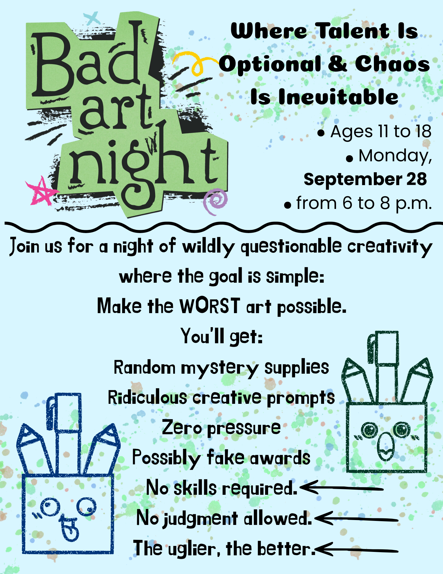 Patmos Library flyer for Bad Art Night, an evening of creative fun for ages 11–18 on Monday, September 28, from 6–8 p.m. Participants will use mystery supplies and silly creative prompts to make intentionally bad art. No artistic skills are required and no judgment is allowed.