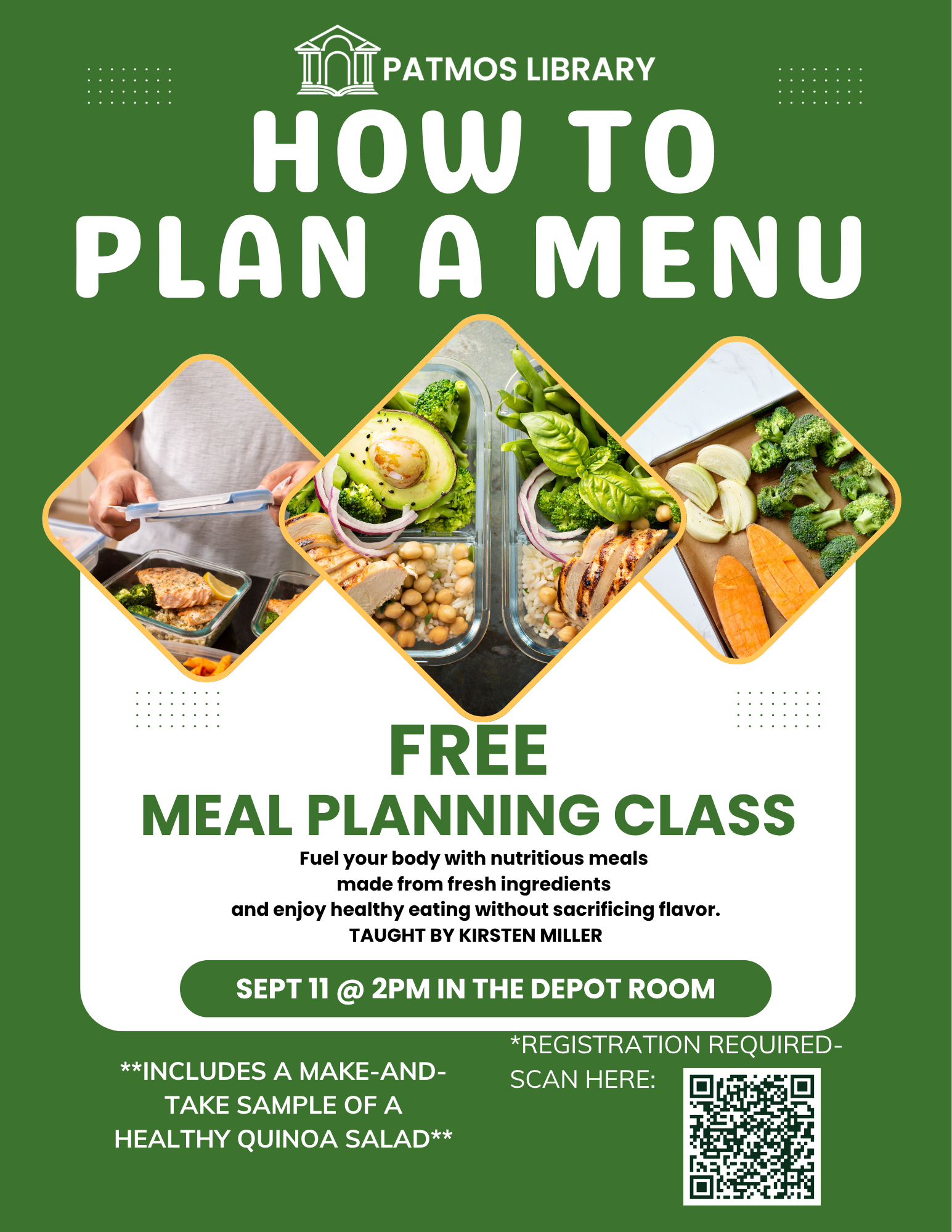 Patmos Library flyer promoting a free meal planning class titled 'How to Plan a Menu.' The class will be held on September 11 at 2:00 PM in the Depot Room and taught by Kirsten Miller. The flyer features photos of healthy meal prep containers with vegetables, grilled chicken, avocado, broccoli, chickpeas, rice, and fresh herbs. The class focuses on planning nutritious meals made from fresh ingredients, and attendees will receive a make-and-take sample of a healthy quinoa salad. Registration is required via QR code.