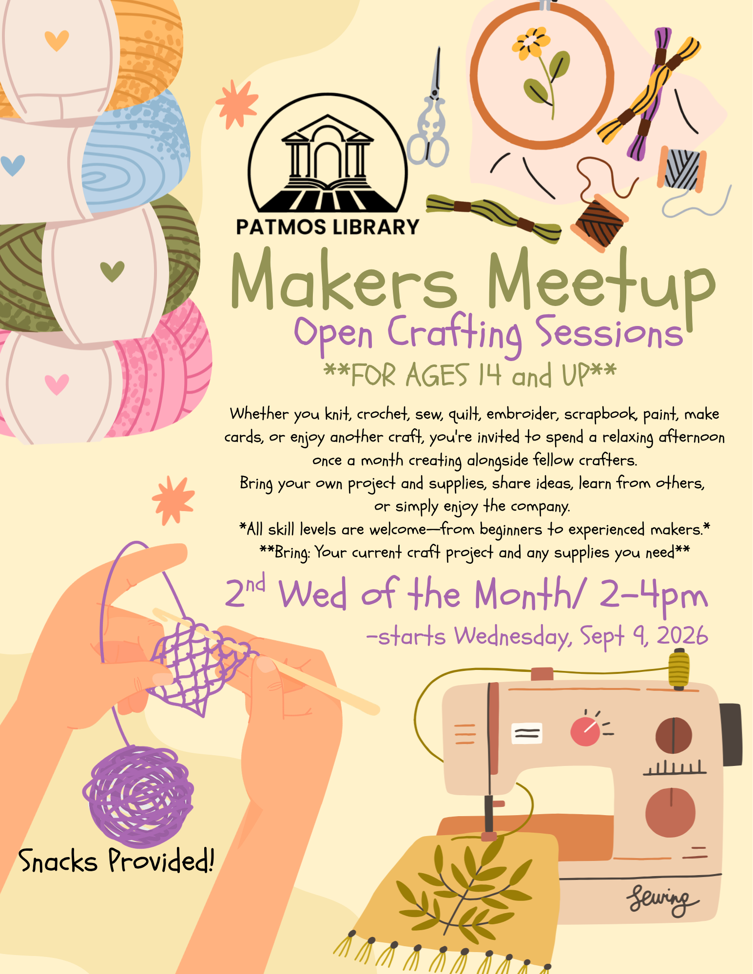 Patmos Library “Makers Meetup” flyer advertising open crafting sessions for ages 14 and up. Participants are invited to bring their own craft projects and supplies, share ideas, and create alongside other crafters. All skill levels are welcome. Meetings are held the second Wednesday of each month from 2–4 p.m., beginning September 9, 2026. Snacks are provided. The flyer features colorful illustrations of yarn, knitting, crochet, sewing, and crafting supplies.