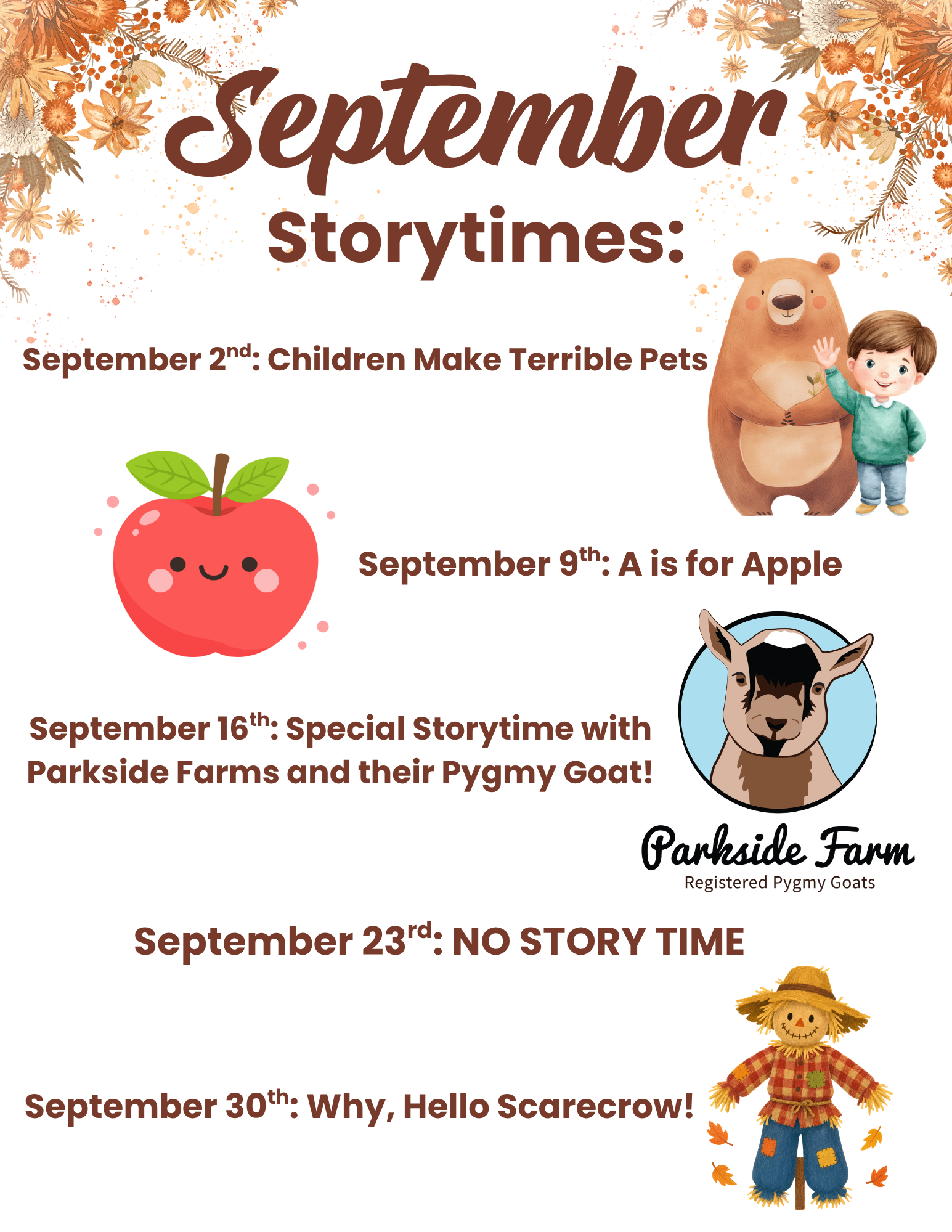 September Storytimes at Patmos Library, featuring weekly storytime themes including pets, apples, a special pygmy goat visit, and a scarecrow story.