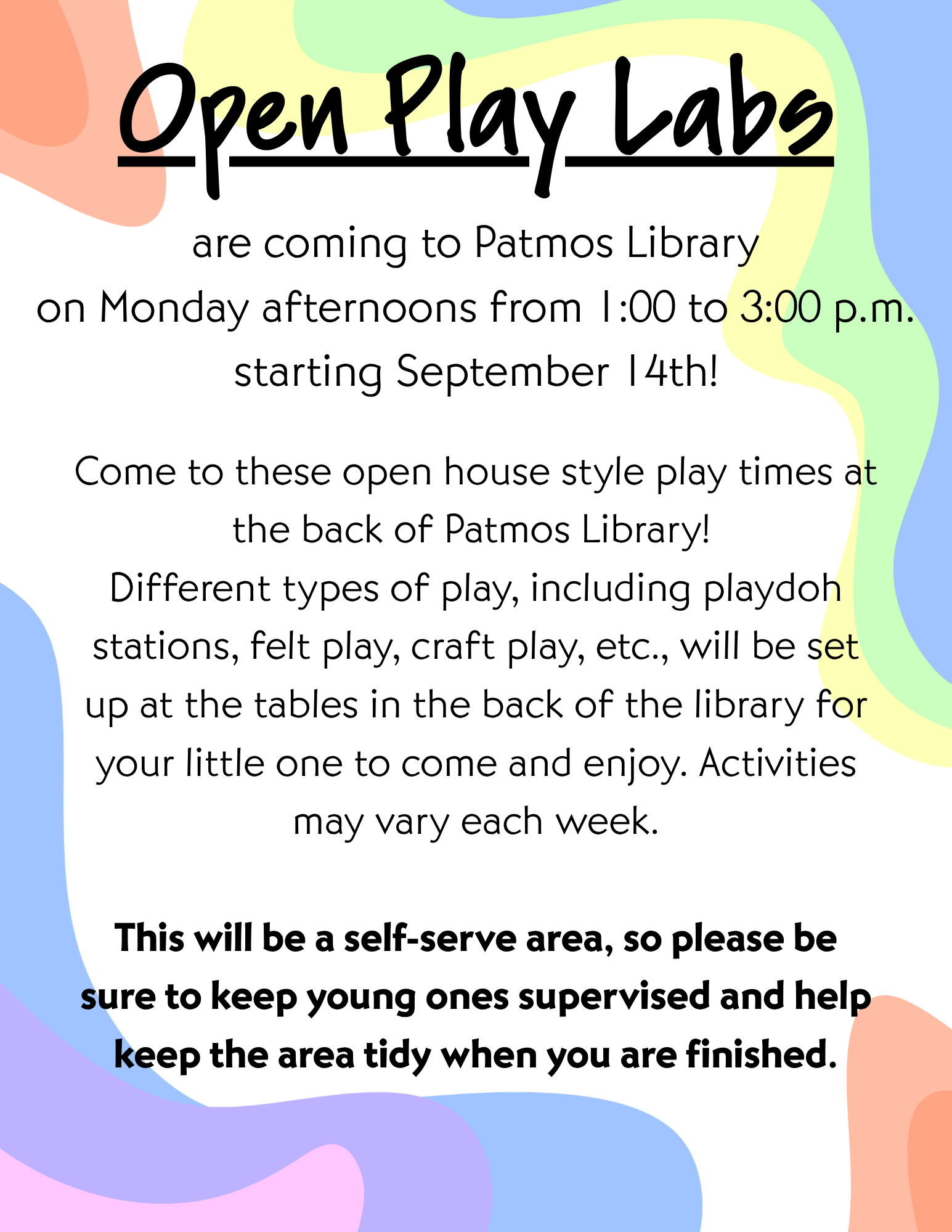 Patmos Library Open Play Labs flyer announcing open play sessions for young children on Monday afternoons from 1–3 p.m., beginning September 14. Activities may include playdoh, felt play, and crafts.