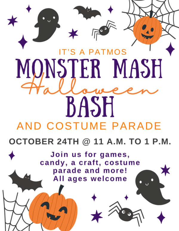 Halloween themed flyer for the Monster Mash Halloween Bash on October 24th from 11am to 1pm at the Patmos LIbrary.