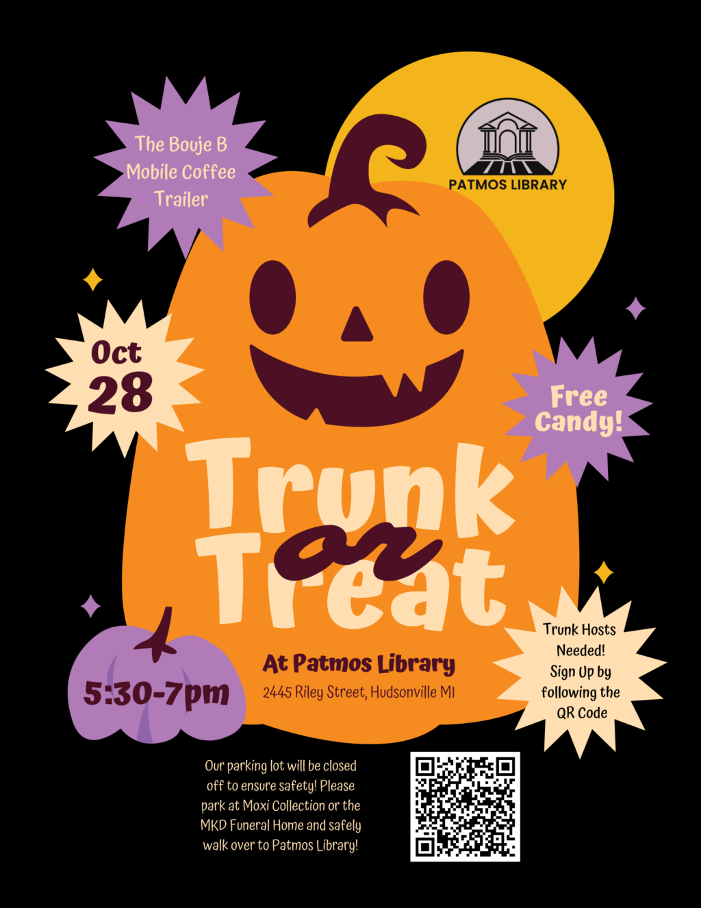 Flyer for Patmos Library’s Trunk or Treat on October 28 from 5:30–7:00 p.m., featuring a pumpkin, free candy, The Bouje B Mobile Coffee Trailer, and a call for trunk hosts to sign up.